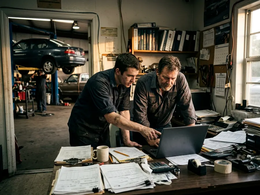 An engineer and a shop owner working at a laptop on a paperwork-covered desk in a repair shop office.