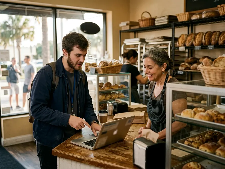 An engineer showing a laptop to a bakery owner across the counter.