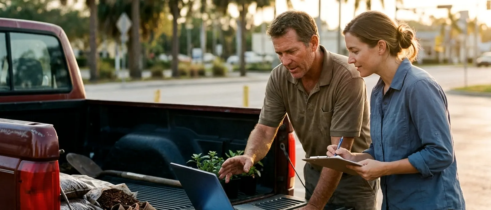 A contractor and an engineer working at a laptop on the tailgate of a pickup truck.