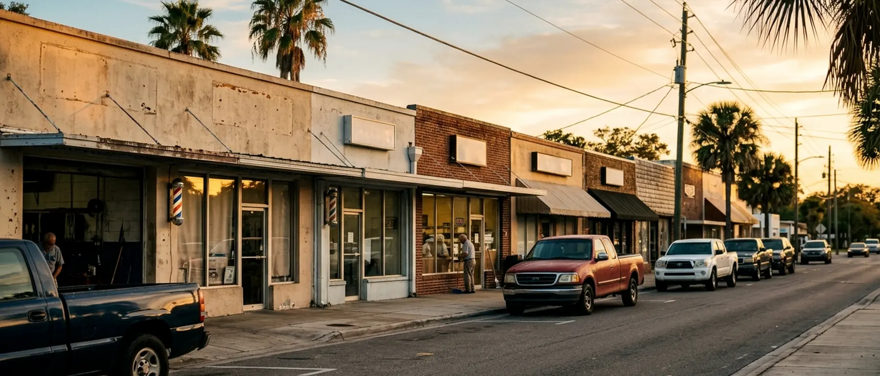 A row of small independent storefronts on a Central Florida street at golden hour.